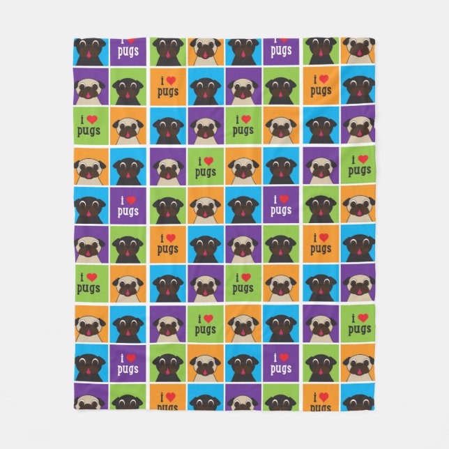 I Love Pugs Colour Square Fleece Blanket II (Front)