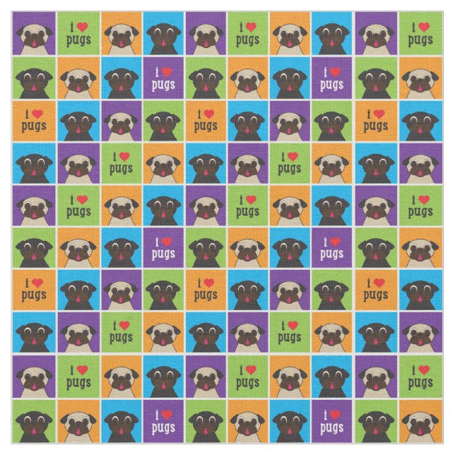 I Love Pugs Colour Squares Fabric (Close Up)