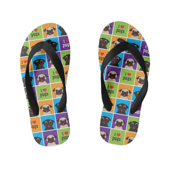 I Love Pugs Colour Squares Kid's Flip Flops (Footbed)
