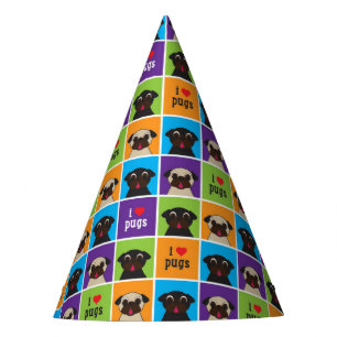 I Love Pugs Colour Squares Pattern Party Hat