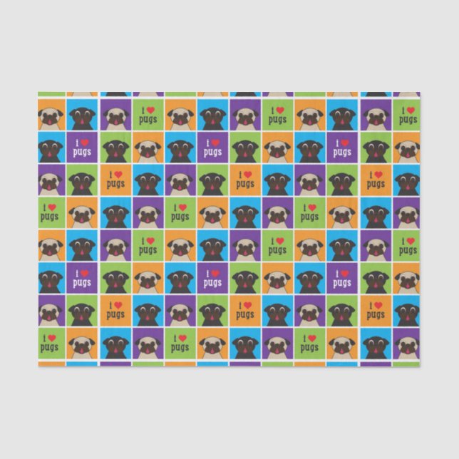 I Love Pugs Colour Squares Tissue Wrap Paper (Front)