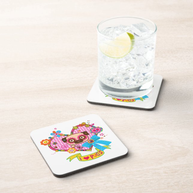 I Love Pugs! Cork-Backed Coasters (Right Side)