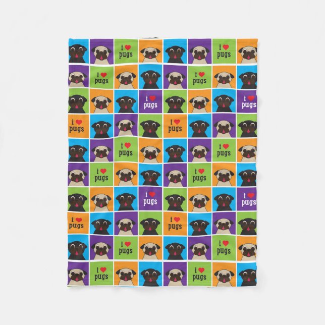 I Love Pugs Fleece Throw Blanket (Front)