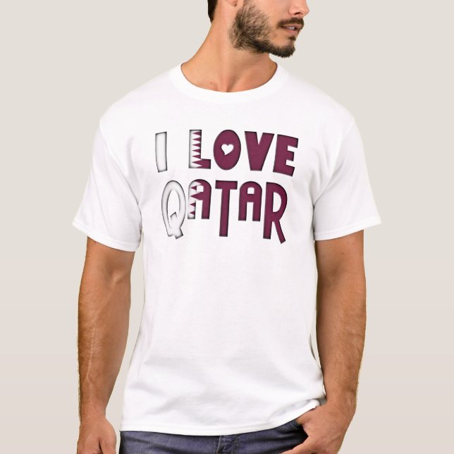I Love Qatar Flag Colours Heart Typography T-Shirt (Front)