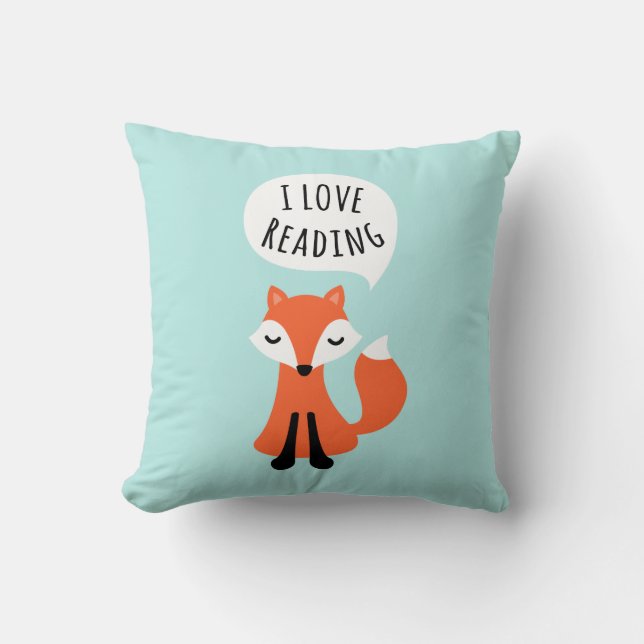 I love reading cute cartoon fox on blue background cushion (Front)