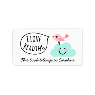 I love reading pink bird happy cloud bookplate label