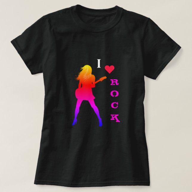 I Love Rock Music T-Shirt with Guitar Player Girl (Design Front)