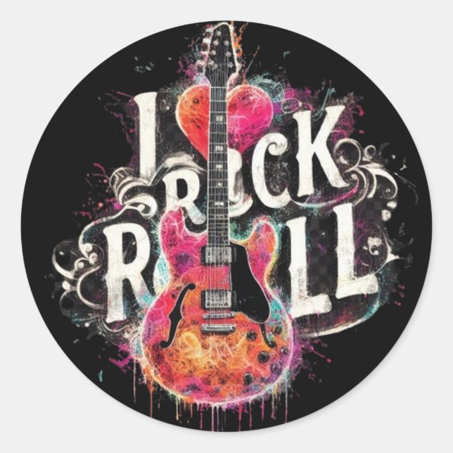 I Love Rock N Roll Electric Guitar Painting Classic Round Sticker (Front)