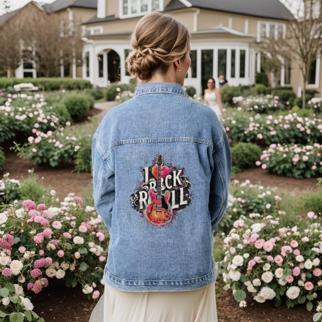 I Love Rock N Roll Electric Guitar Painting Denim Jacket (Wedding Back)