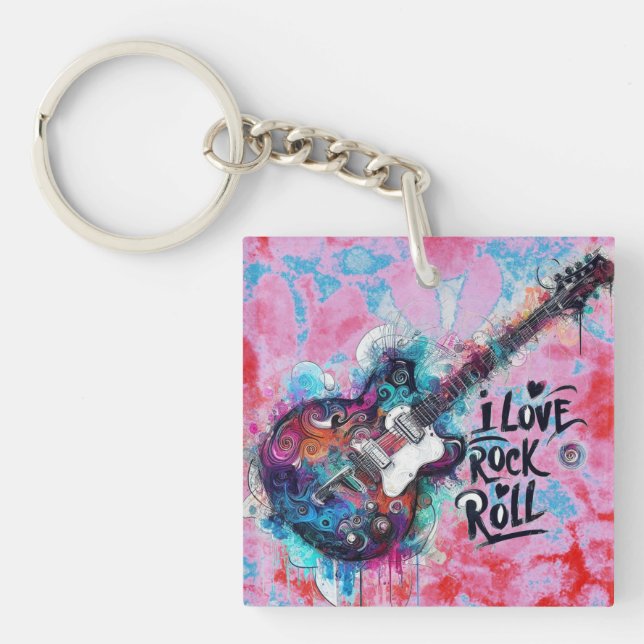 I Love Rock N Roll Electric Guitar Painting  Key Ring (Front)