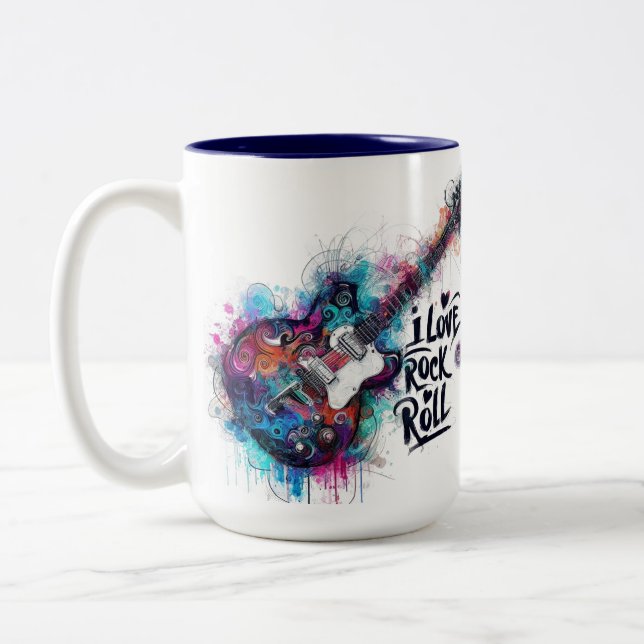 I Love Rock N Roll Electric Guitar Painting Two-Tone Coffee Mug (Left)