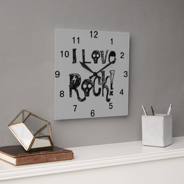 I Love Rock Skulls Black Grey Square Wall Clock (Office)