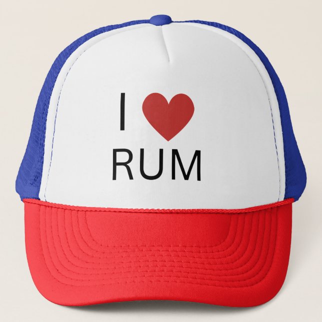 I Love Rum, Novelty Rum Drinking Trucker Hat (Front)