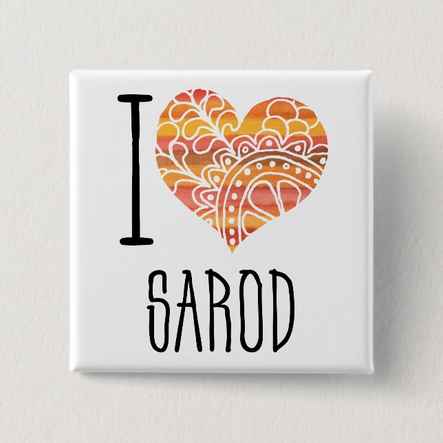 I Love Sarod Orange Mandala Heart 15 Cm Square Badge (Front)