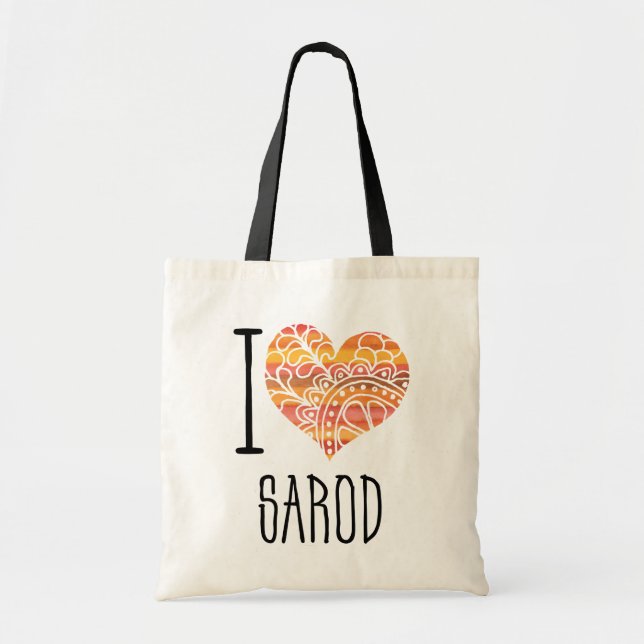 I Love Sarod Orange Mandala Heart Tote Bag (Front)