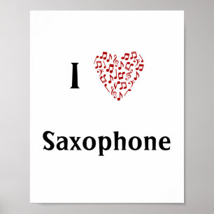 I Love Saxophone Red Heart of Music Notes Poster