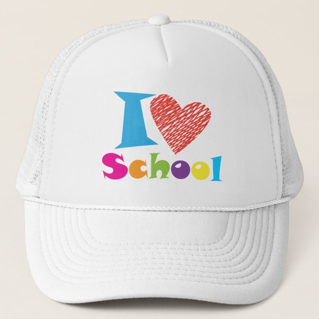 I Love School. Back to School. Cartoon T-Shirt Trucker Hat (Front)