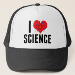 I Love Science Cool Scientist Atom Model Trucker Hat<br><div class="desc">Cute I Love Science hat customised with your name. Features an atom model in front of the heart. Perfect geek gift for a science teacher.</div>