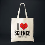 I Love Science Personalised Scientist Atom Model Tote Bag<br><div class="desc">Cute I Love Science tote bag monogrammed with your name. Features an atom model in front of the heart. Perfect geek gift for a science teacher.</div>