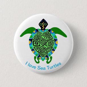 I love Sea TURTLES -Wild animals- Green & aqua 6 Cm Round Badge