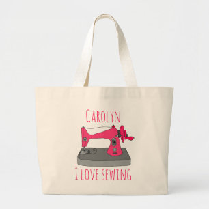 I love sewing, vintage sewing machine, your name large tote bag