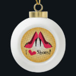 I Love Shoes with Red Stiletto Ceramic Ball Christmas Ornament<br><div class="desc">This ceramic ball Christmas ornament features a pair of red high heel stilettos and the text "I "heart" shoes" (a red heart in place of the word). The background is a trendy damask pattern on gold.</div>