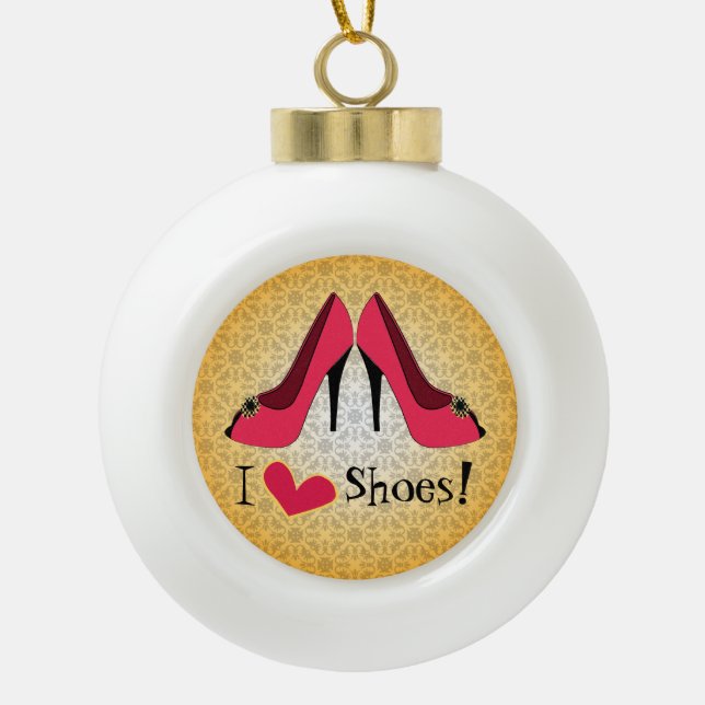 I Love Shoes with Red Stiletto Ceramic Ball Christmas Ornament (Front)