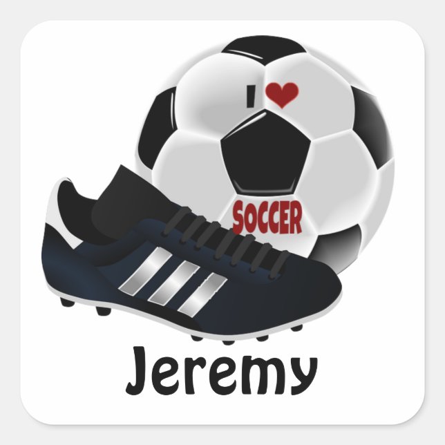 I Love Soccer Template, Personalise, Square Sticker (Front)