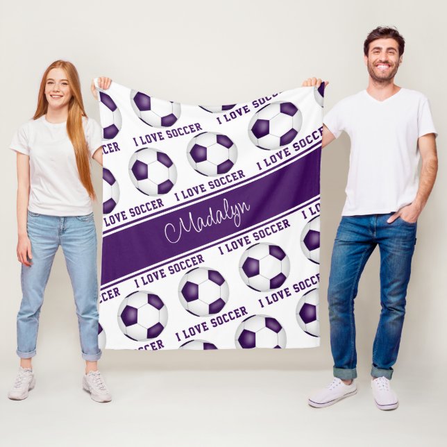 I love soccer text pattern girls purple white fleece blanket (In Situ)