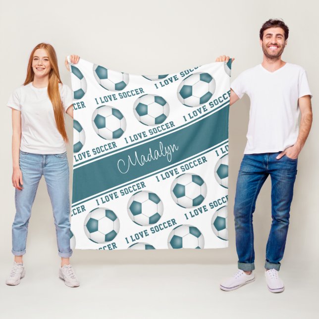 I love soccer text pattern girls teal white fleece blanket (In Situ)