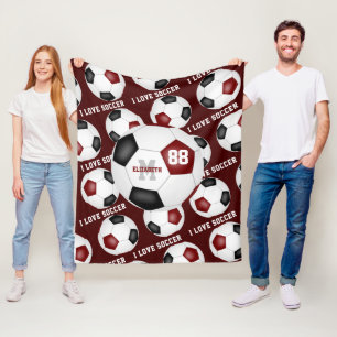 I love soccer text pattern maroon black fleece blanket