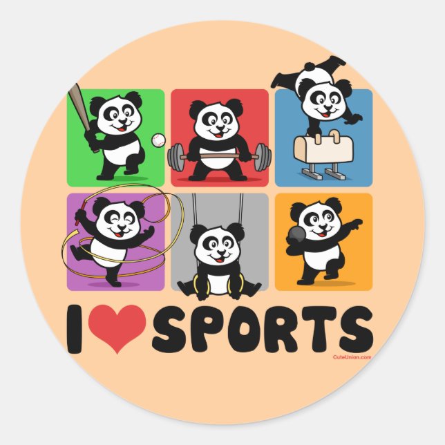 I Love Sports Pandas Classic Round Sticker (Front)