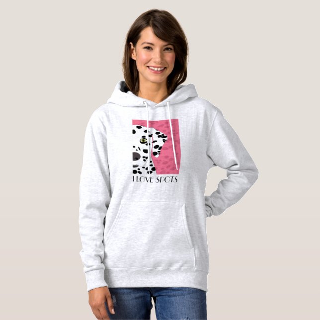 "I Love Spots" - Pink, Black & White Dalmatian Hoodie (Front Full)