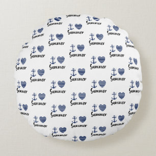 I Love Summer Anchor And Striped Hearts Round Cushion