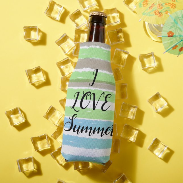 I LOVE Summer Green Blue Watercolor Stripes Bottle Cooler (In Situ Summer)