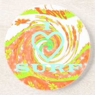 I Love Surf: Beautiful Floral with Cool Text Art Coaster