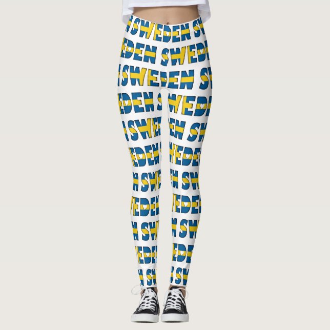 I Love Sweden Flag Colours Typography Pattern Cute Leggings (Front)