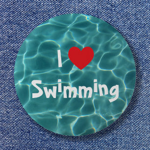 I Love Swimming Red Heart with Aqua Pool Water 6 Cm Round Badge