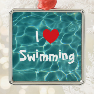 I Love Swimming Red Heart with Aqua Pool Water Metal Tree Decoration