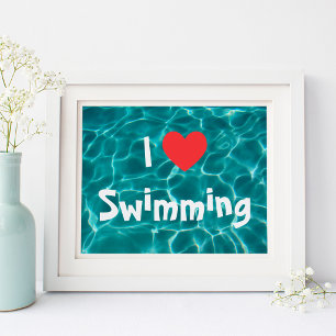 I Love Swimming Red Heart with Aqua Pool Water Poster