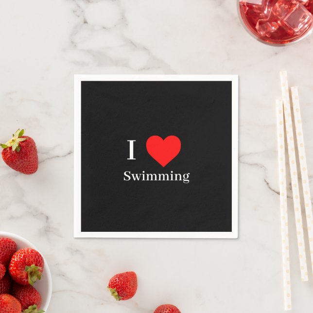 I love Swimming Typography & Red Heart Black Napkin (Insitu)