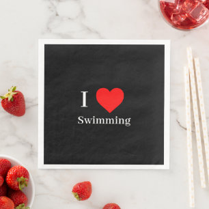 I love Swimming Typography & Red Heart Black Napkin