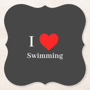 I love Swimming Typography & Red Heart Dark Grey Paper Coaster