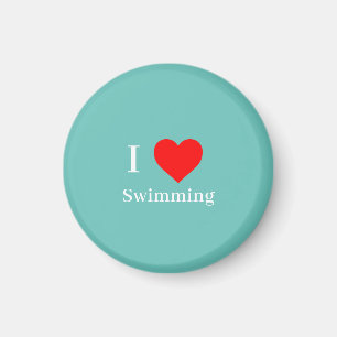 I love Swimming Typography & Red Heart Mint Green Magnet