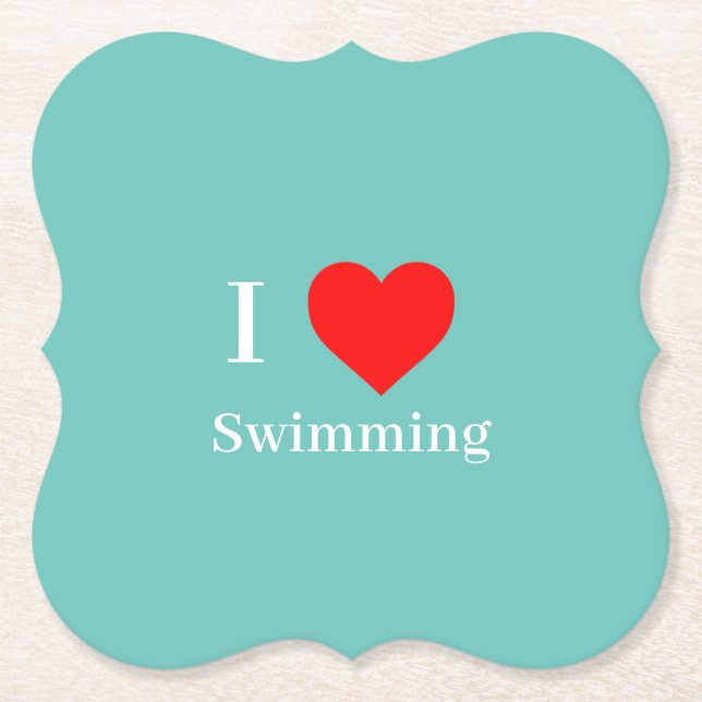 I love Swimming Typography & Red Heart Mint Green Paper Coaster (Front)