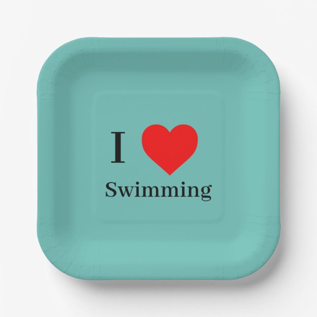 I love Swimming Typography & Red Heart Mint Green Paper Plate (Front)