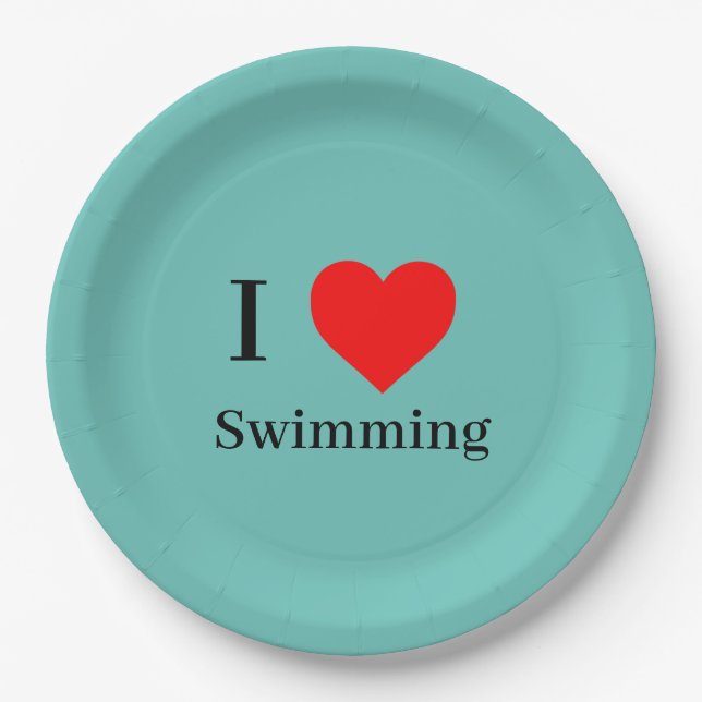 I love Swimming Typography & Red Heart Mint Green Paper Plate (Front)