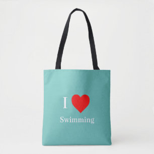 I love Swimming Typography & Red Heart Mint Green Tote Bag