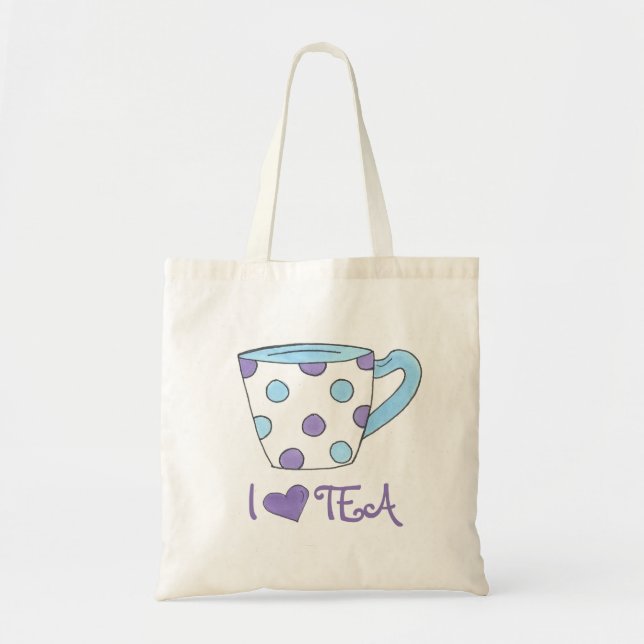 I Love Tea Purple/Blue Polka Dot Teacup Tote (Front)