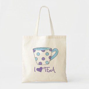 I Love Tea Purple/Blue Polka Dot Teacup Tote Bag
